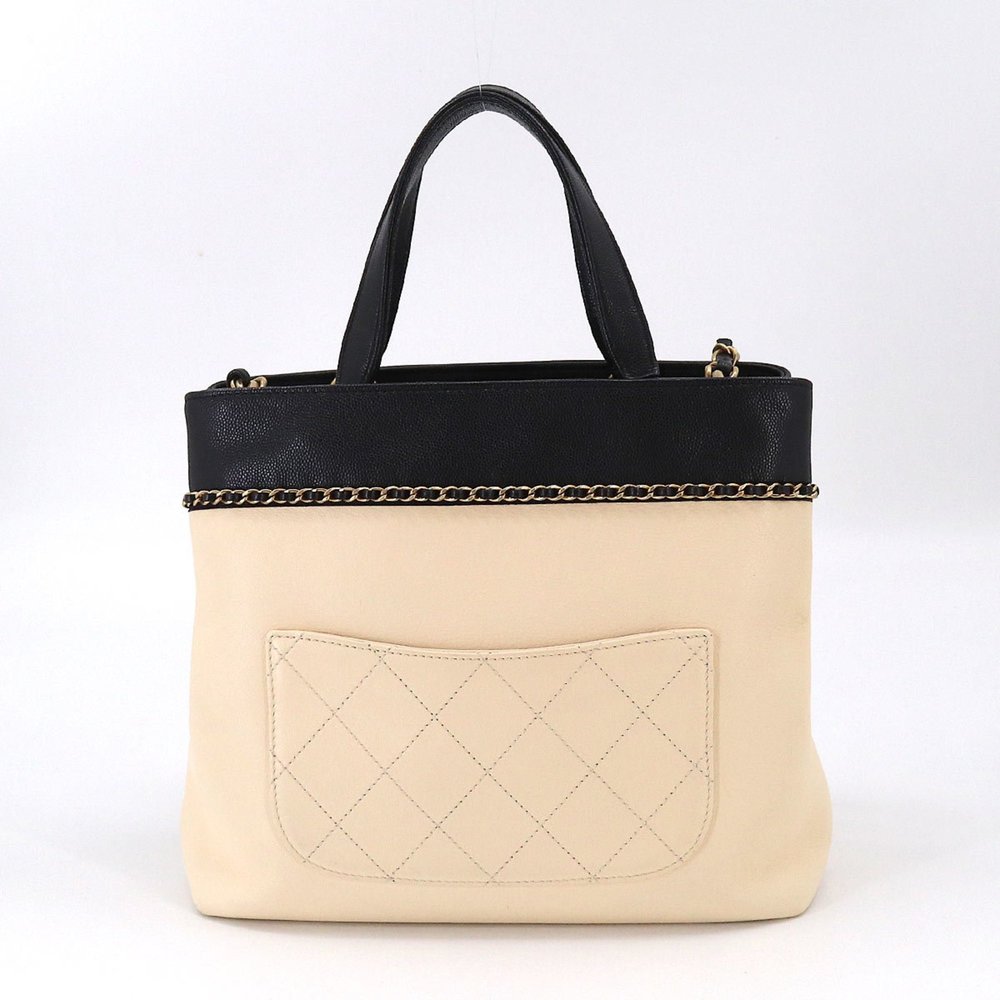 CHANEL 2way hand chain shoulder bag caviar skin leather beige black Hand Shou... - Picture 2 of 10